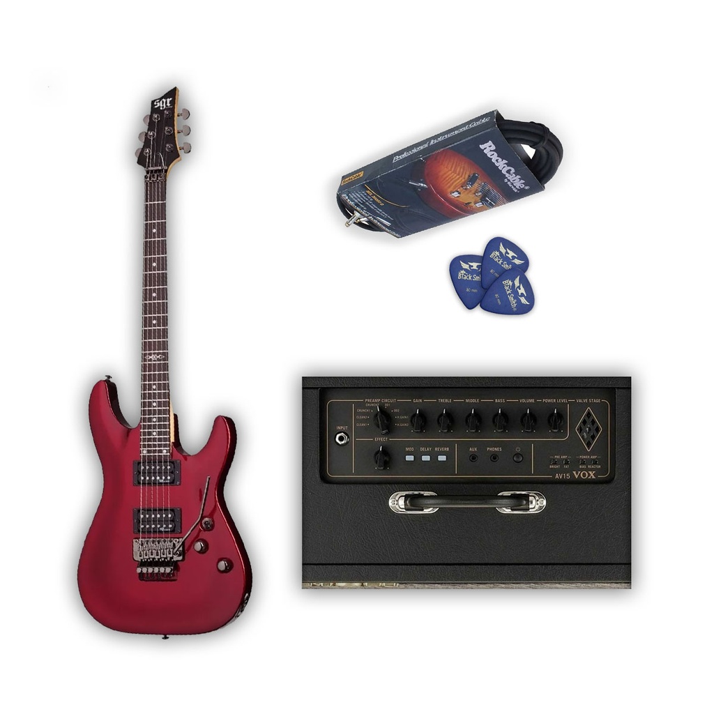 Guitarra Electrica SGR C1 FR Metalic Red + Amplificador Vox AV15 + Cable Warwick 30203 D7 + Puas Black Smith 0.8; 1.0; y 1.2