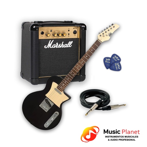 [(18E)  CB-FZB-MG10-CB-PA] Guitarra Onas Frizz Black + Amp. Marshall MG10 + Cable + Puas 