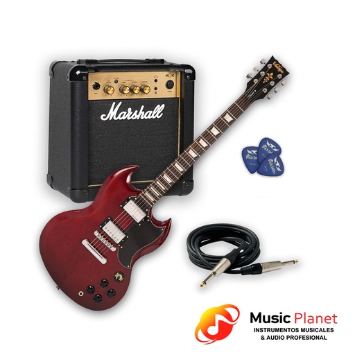 [CB-002] Guitarra Encore E69 Cherry Red + Amp. Marshall MG10 + Cable + Puas 