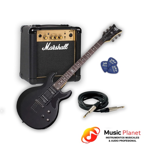 [(18)  CB-S1SB-MG10-CB-PA] Guitarra Electrica SGR S-1 Satin Black + Amp. Marshall MG10 + Cable + Puas 