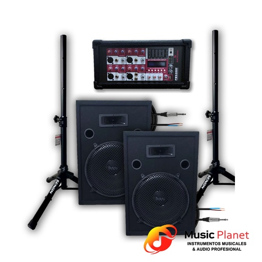 [CB-013] Mixer Senon PMS400F + Bafle Moon P15 (x2) + Pie de Bafle Senon SS02 (x2) + Cable armado 5mts. (x2)